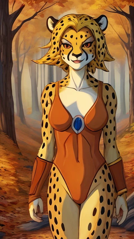 (female, solo, cheetah), highly insanely detailed, masterpiece, top quality, best quality, highres, 4k, 8k, RAW photo),((innocent look)),((Childish)),From the front, symmetrical composition,smile,cute,Innocent,Kind eyes,Flat chest,digital art Style, forest, autumn, (cheetara),front view, orange leotard, orange leggings, orange bracer