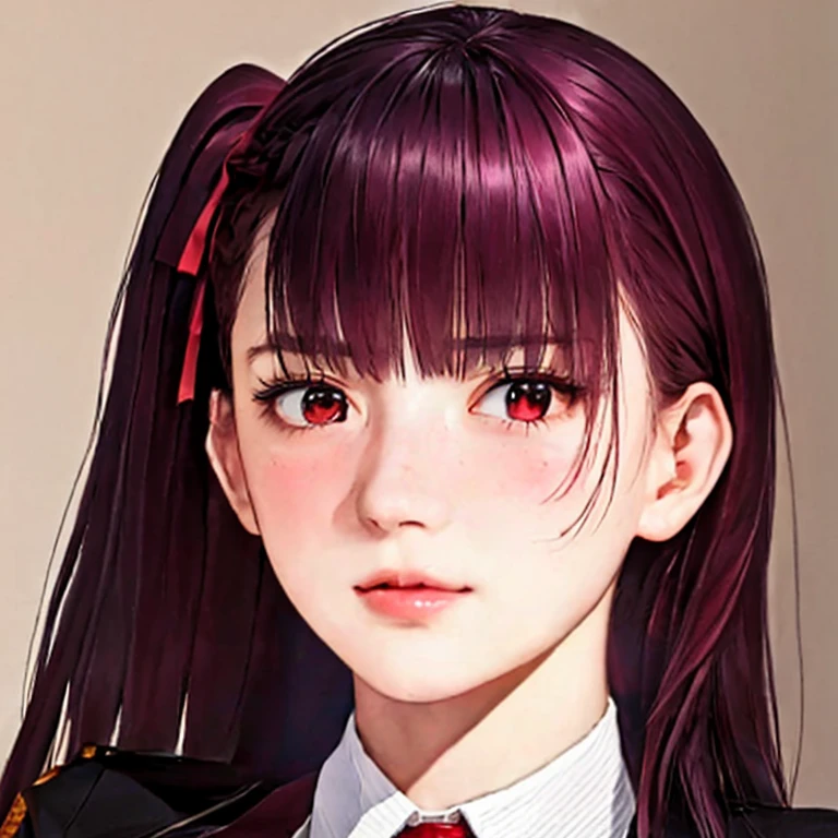 young, <xml><input>alone</input></xml>, looking at the viewer, (realistic:1.4), (WA2K:1.0), red eyes, shirt, jacket, red tie, (burgundy hair color), Braid, (one side up:1.2), (hair band), (blush, ashamed), (detailed, ultra-detailed, high detailed, ultra realistic 8k CG, Perfect work of art, high quality), wooden table, flores, interior