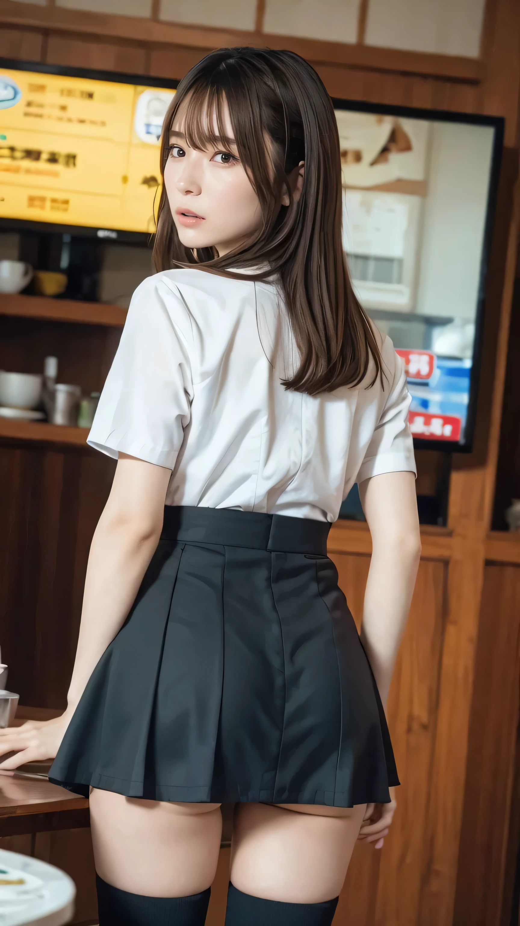 (8K, 超A high resolution, highest quality, table top:1.2),(18-year-old:1.2)、(look away)、8K、Japanese girl raw portrait、Photoreal、超A high resolution、highest quality、 (huge breasts、Please button all the buttons on your shirt:1.4)(school uniform、pure white cutter shirt、check pleated mini skirt:1.35)、(in the street:1.2) break (natural skin texture、fine skin、hyper realism、Super sharpness)、intricate details、written boundary depth(Please put a white shirt inside the skirt:1.3)、Please show me your armpits、Navy Check Pleated Micro Mini Skirt(black short bob、T-back、black loafers、black stockings:1.2)