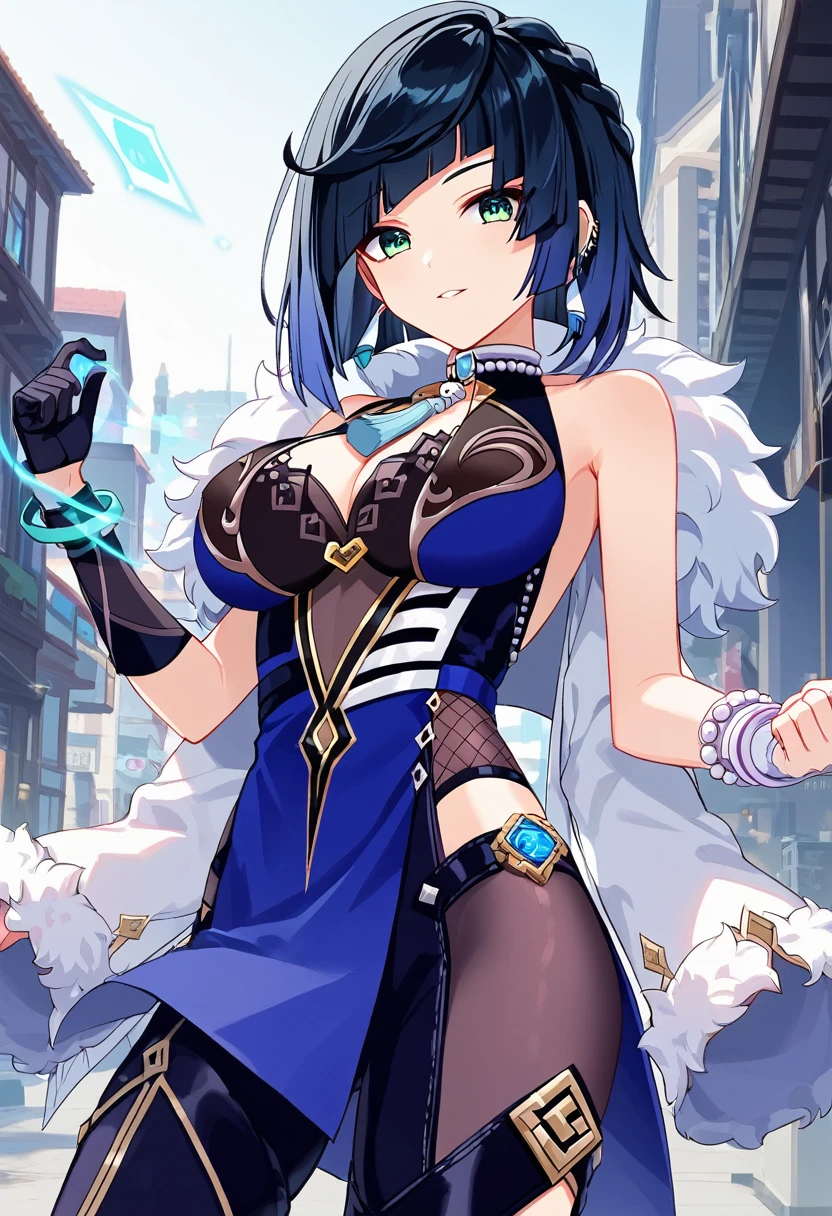 score_9, score_8_upper, score_7_upper, high quality ,masterpiece ,最high quality ,rating safe ,In the city , 黒いドレスを着ている, girl, Cute Face , navy hair, green eyes , Beautiful Skin ,character_yelan_Genshin Impact , very large breast ,黒いドレスを着ている