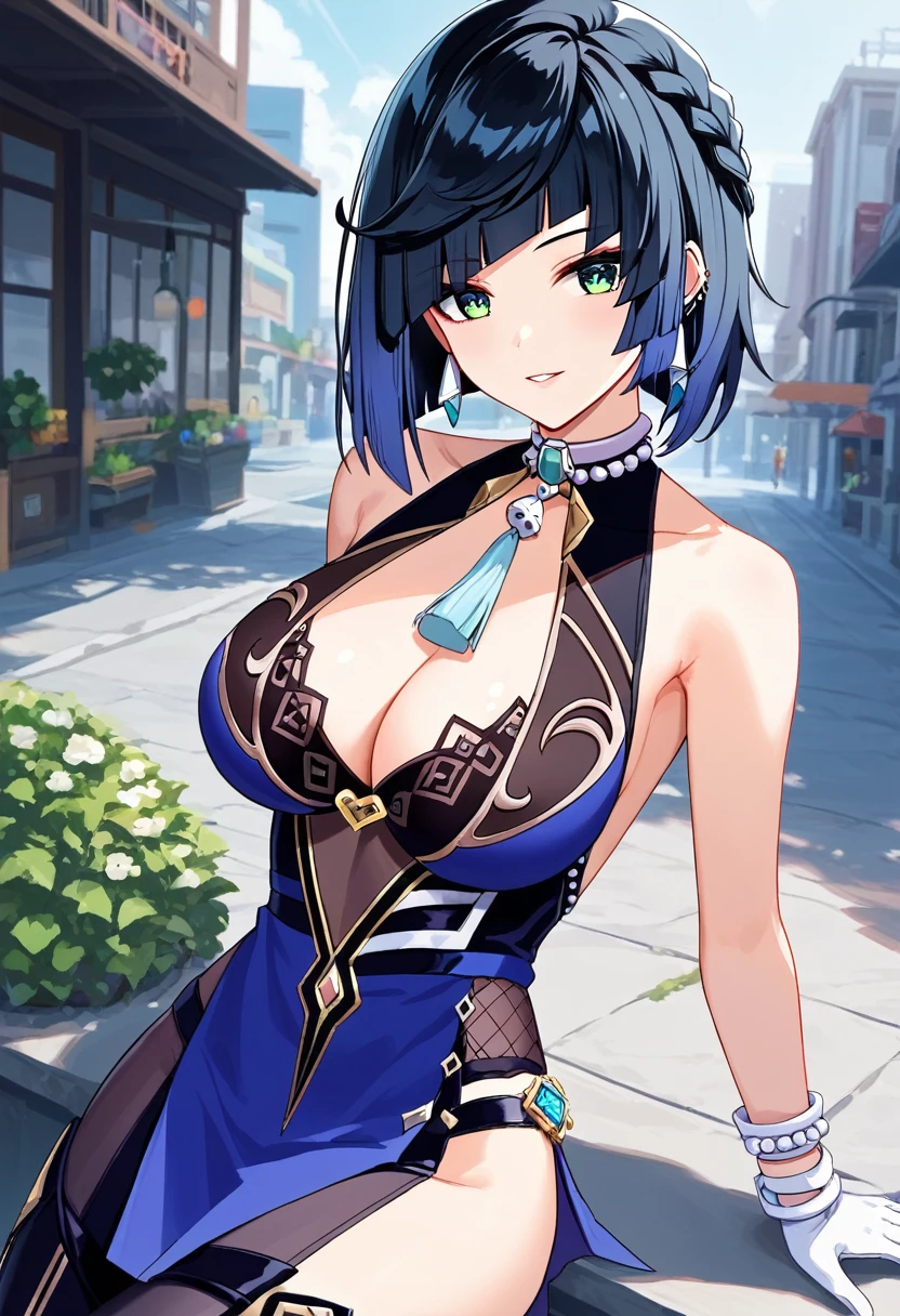 score_9, score_8_upper, score_7_upper, high quality ,masterpiece ,最high quality ,rating safe ,In the city , 黒いドレスを着ている, girl, Cute Face , navy hair, green eyes , Beautiful Skin ,character_yelan_Genshin Impact , very large breast ,黒いドレスを着ている