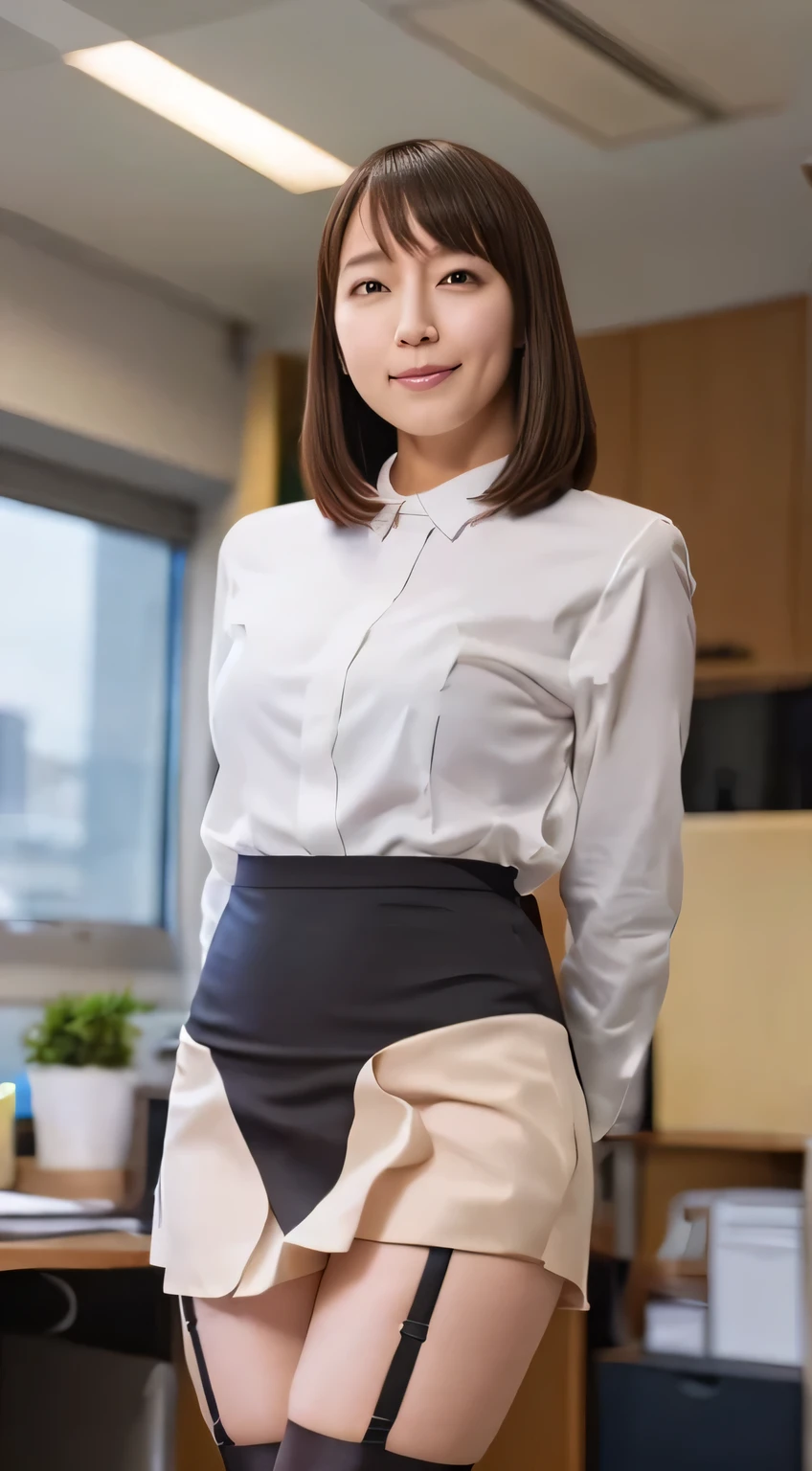 Japanese、1 female,、beauty,Beautiful Face,Realistic、smile、Detailed face、A dignified appearance,Plump Style,Squat、Spread your legs、Thighs, Thighs, Thighs、Large saggy breasts、Front view,Ultra-realistic,Ultra-high resolution,Highest quality,8k,masterpiece，(Shooting in the office:1.2),((suit、mini skirt、garter belt、wear black tights))、See-through nipples