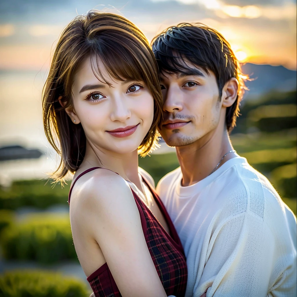 (Realistic, 超Realistic:1.4), 16K HDR, High resolution,((Whiskey Glass)),((Whiskey Bottle))、Brown short hair,The best smile、One man and two women、Model Couple、Short sleeve dress,whiskey、((Single Malt)),((scotch)),The Macallan、Johnnie Walker、Old Parr、Shot Glasses、Whisky on the Rock、Scotland、Amazing view of the sunset sky and clouds、,Digital SLR camera, Soft lighting, Sharp focus, プロ品質のHigh resolution、Slim figure,Highly detailed face,Highly detailed eyes,Beautiful Lips,