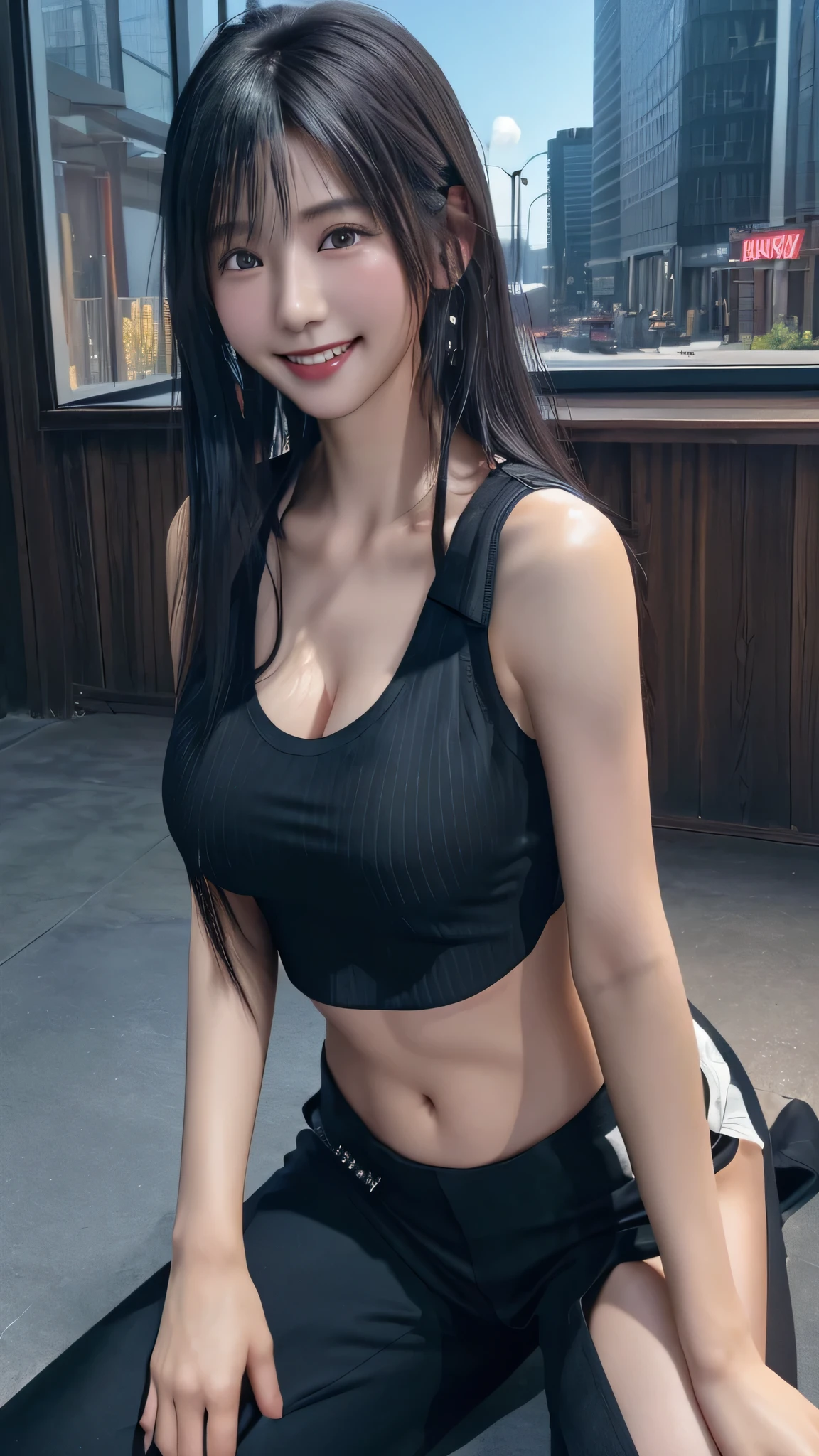 1girl, standing, from side, both arms on back, head tilt, black hair, ponytail, windswept, flat bangs, detailed face, looking at viewer, parted lips, crop camisole, sporty, sideboob, gigantic breast, shoulder, white concrete, sunny weather,