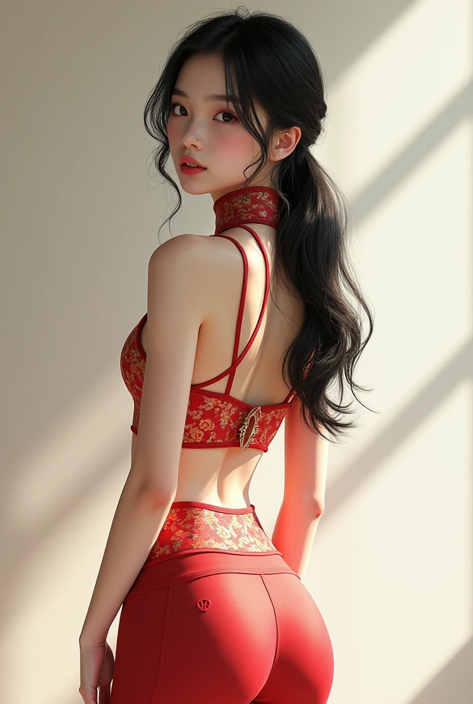 NSFW、(One girl)、A dark-haired、straight haired、student clothes、(Half Atsu:1.2)、(Big ass:0.8)、Red see-through panties、panties aside、(Glossy skin:1.2)、(Butt close-up)