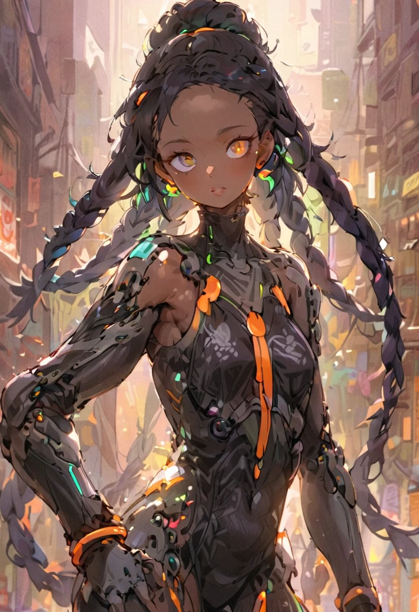 black woman cool ,powerful, (cyberpunk mecha ninja, mecha holographic dress, an orange bracelet:1.2), braids, long hair, (heterochromia eyes:1.2), 2, (chocolate-skinned female, statuesque, voluptuous, braided black hair, soft heart-shaped face, concaved Nubian button nose,, powerful. , tone, and slender physique, heart hips, an eye-catching beauty, bottom-Heavy : Red green and orange neon blacklight art, Masterpiece, hyper-aesthetic, hyper-absurd resolution ,atmospheric perspective, depth of field, atmospheric shading, atmospheric lighting, ultra high resolution, cinematic lighting, thick line detailed animation,4k, hyper resolution animation, best quality, expressive eyes, perfect face, perfect eyes, perfect anatomy, perfect physique, perfect hands , dynamic shading,, dynamic pose, dynamic perspective, dynamic line of action, Raw sensuality