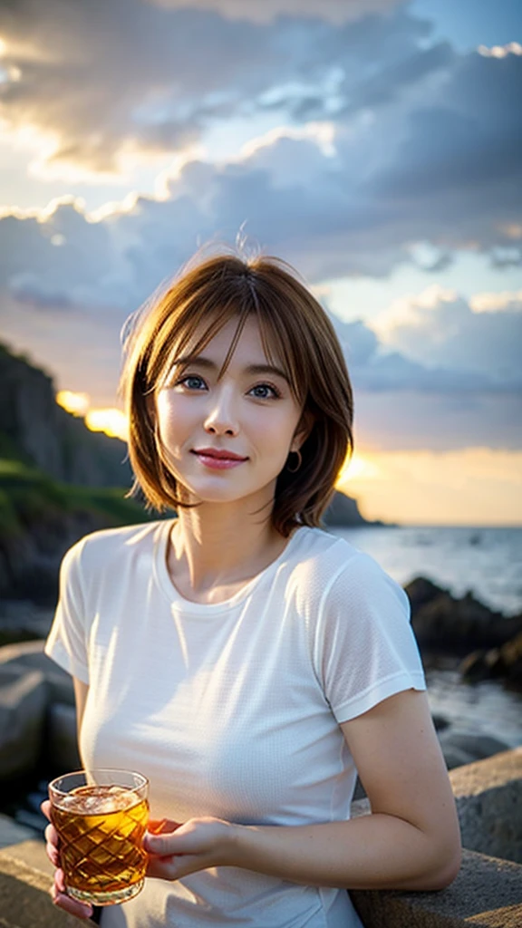 (Realistic, 超Realistic:1.4), 16K HDR, High resolution,Brown short hair,The best smile、Japanese actress,so beautiful(It looks like the real thing),Short sleeve dress,Whiskey Bottle、The Macallan、Johnnie Walker、、Old Parr、whiskey、Suntory、Nikka、Slim couple、Model Couple、(Realistic, Intricate details:1.2), Full course dinner、Whiskey bottle and glass on the table、Single Malt、scotch、Rocks glass、Shot Glasses、Whisky on the Rock、Scotland、Amazing view of the sunset sky and clouds、,Digital SLR camera, Soft lighting, Detailed Background, Written boundary depth, Volumetric lighting, Sharp focus, super Realistic 肌,so beautiful表現です,Cloud Effect:1.2、プロ品質のHigh resolution、Realistic facial features,Best Quality,Slim figure,Highly detailed face,Highly detailed eyes,Beautiful Lips,Excellent light particles,Cinema Lighting,blue eyes,