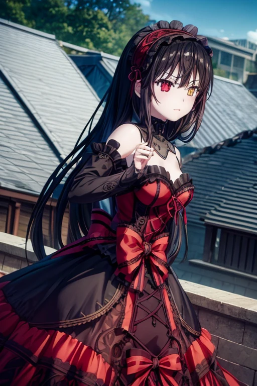 A beautiful detailed girl, Kurumi Tokisaki, 1girl, extremely detailed eyes and face, long eyelashes, intricate gothic lolita style dress, detailed jewelry and accessories, action pose, dark fantasy, cinematic lighting, dramatic colors, photorealistic, 8k, best quality, masterpiece, dark fantasy art, Background is on the school roof