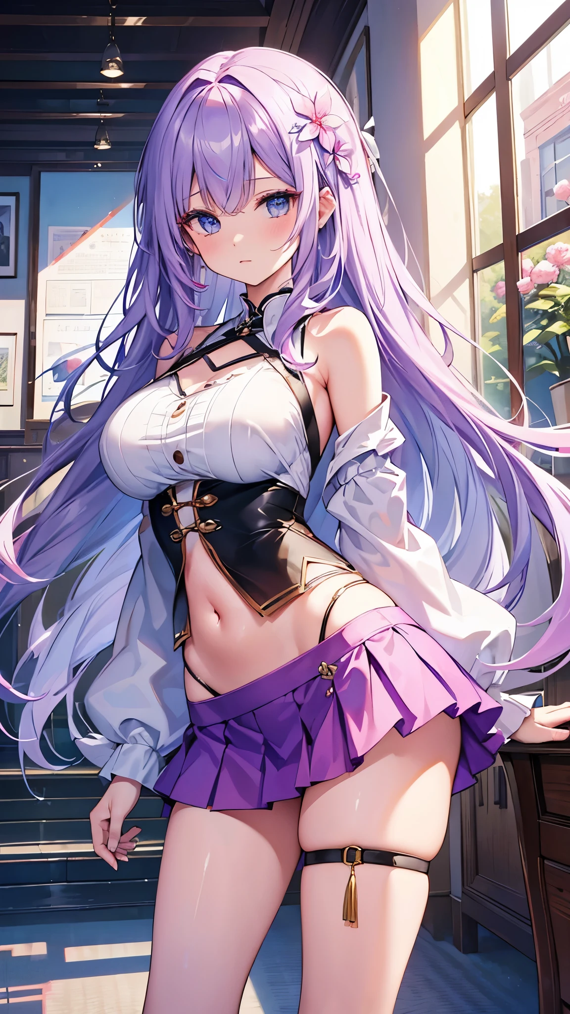 ((Best Quality)),(Ultra-high resolution),(Super detailed),(Detailed Description),((The best CG)),(masterpiece),Highly detailed art,(Art with precise detail:1.5), silk, Lavender colored hair, Blue Eyes, Cream skin, Charming, Slender