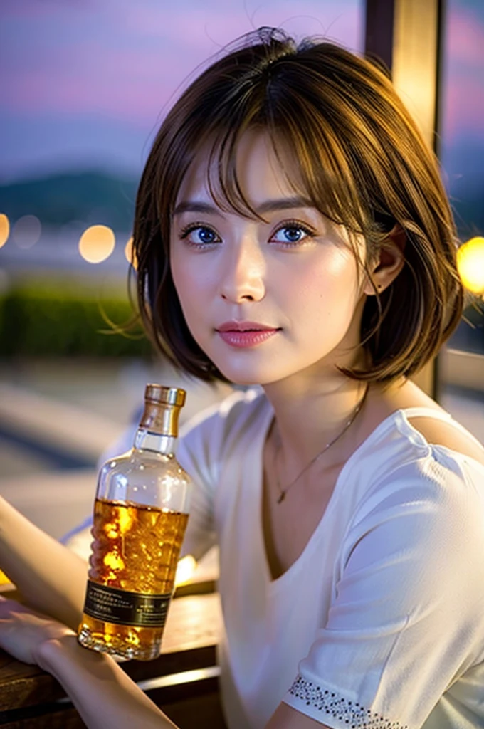 (Realistic, 超Realistic:1.4), 16K HDR, High resolution,Brown short hair,The best smile、Japanese actress,so beautiful(It looks like the real thing),Short sleeve dress,Whiskey Bottle、The Macallan、Johnnie Walker、、Old Parr、whiskey、Suntory、Nikka、Slim couple、Model Couple、(Realistic, Intricate details:1.2), Full course dinner、Whiskey bottle and glass on the table、Single Malt、scotch、Rocks glass、Shot Glasses、Whisky on the Rock、Scotland、Amazing view of the sunset sky and clouds、,Digital SLR camera, Soft lighting, Detailed Background, Written boundary depth, Volumetric lighting, Sharp focus, super Realistic 肌,so beautiful表現です,Cloud Effect:1.2、プロ品質のHigh resolution、Realistic facial features,Best Quality,Slim figure,Highly detailed face,Highly detailed eyes,Beautiful Lips,Excellent light particles,Cinema Lighting,blue eyes,