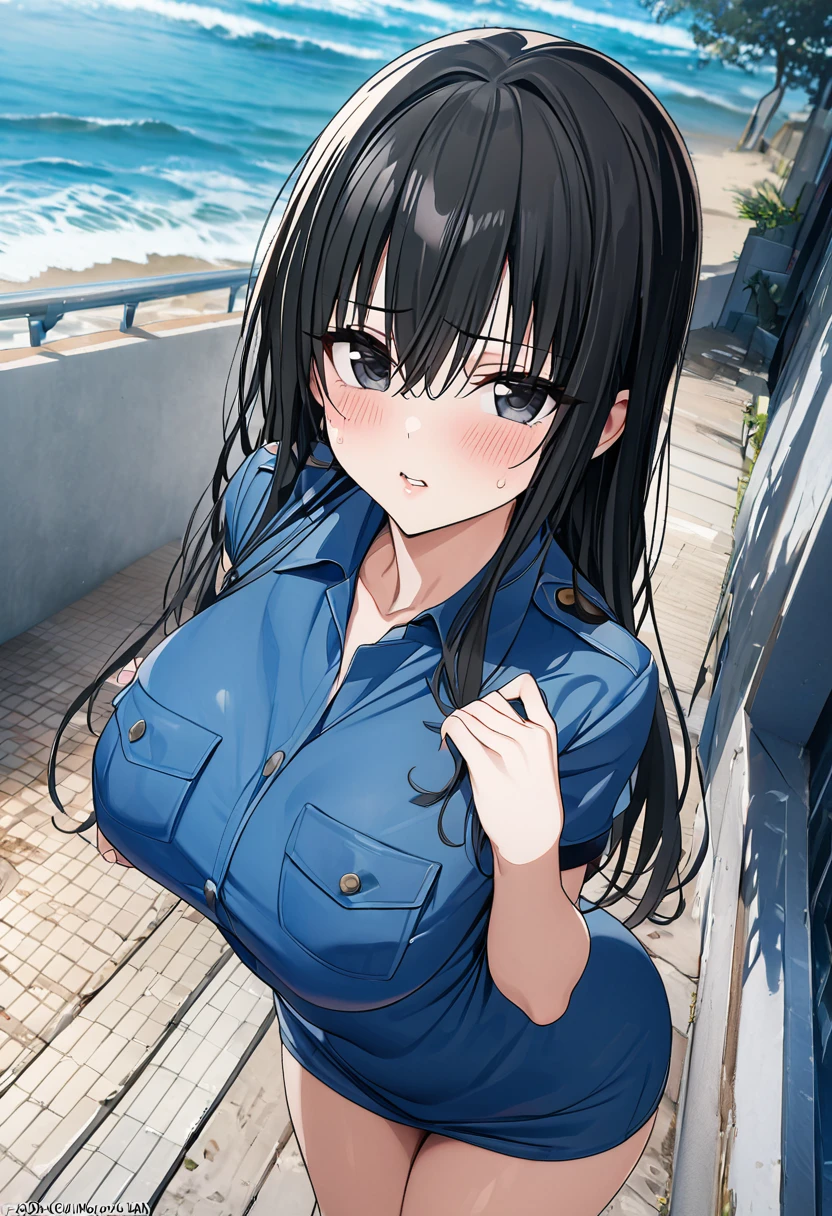 ((masterpiece,Best Quality,8k,Ultra-high resolution)),  1 person　、Adult women in their 20s　,  Momo Juvenile Deviluke,                                     View your viewers　、　blush        、Squint your eyes　、   Black Hair　,   Long Hair　　、Wave Roll　、　　Black eyes   　     　、                           The body is slim,   Big Breasts　　、　Police Costume　、　Outdoor