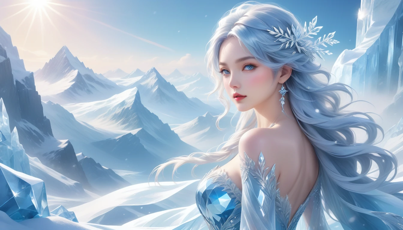 A Masterpiece In 32K Resolution, Supreme Quality, Super Detail, Official Art, Very High-Resolution 32K Wallpaper, Divine And Aesthetic, Ultra-Detailed Features, Awe-Inspiring Detail. A Glistening Mountain Summit With (Falling Snow), (Crystalline Ice Peaks), And Skin With A Frost-Like Sheen (Highlight Her Ample Breasts). A Girl With A Cold, Commanding Expression, Flowing Glacial Blue Hair, Windswept Yet Regal, And Pale Silver Eyes That Shimmer Like Ice. Her Features Are Sharp And Stunningly Elegant, Accentuated By (Crisp, Distant Sunlight). (Superbly Detailed Beauty), With A Sense Of Power And Calm, Set Against The Harsh Beauty Of The Frozen Landscape. The Reflections In The Ice Mirror The Fine Details Of The Scene, Her (Chiselled Face) Exuding Timeless Beauty. This Work Of Art Captures An Ultra-Precise, Detailed Figure That Is Both Powerful And Incredibly Graceful.