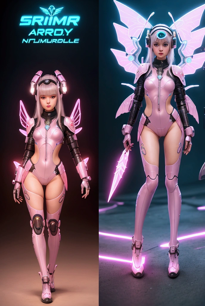 ((character design sheet)),((full body view)),Best picture quality, high resolution, 8k, realistic, sharp focus, realistic image of elegant lady, Korean beauty, fashion model, beautiful face, cute, futuristic head gear, futuristic AI VR glasses, happy smile, pure white pink hair, blue eyes, wearing high-tech cyberpunk style red Batgirl suit, radiant Glow, sparkling suit, mecha, perfectly customized high-tech suit, fire theme, custom design, 1 girl,swordup, looking at viewer,alluring_lolita_girl