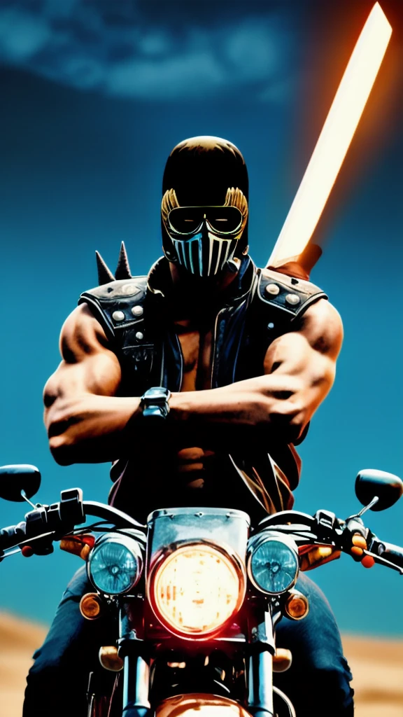 Masterpiece、8K images、One man、Jagi from Fist of the North Star、Riding a modified Harley Davidson bike、Wilderness Desert、Glare with glowing eyes、Japanese sword in one hand、The world of Mad Max 2、Cool pose、threaten、Landscape