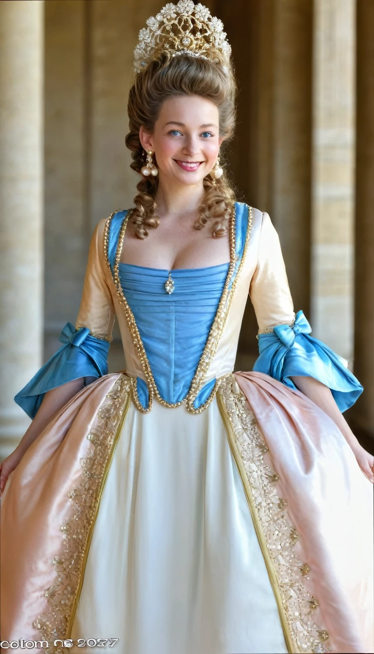 Front view , looking at viewer ,Full-body,  French  girl, Her name is Jeanne-Antoinette Poisson
Madame de Pompadour, 24-age, (Light brown hair, both side curl hair , blue eyes, beautiful lip, smile), (Pearl crescent earrings, Pearl and gold neckless, tiara with Dimond ), (big breasts, wide hip) ,(Rococo 18the century satin pink dress), (satin pink  base dress and skirt,  (A Blue sash worn diagonally across his chest)  red ribbon, in Palace, in French textured skin , HI detailed skin, ( textured skin , HI detailed skin, (foreshortening, Canon, anatomically correct, super detail, high details, highness)