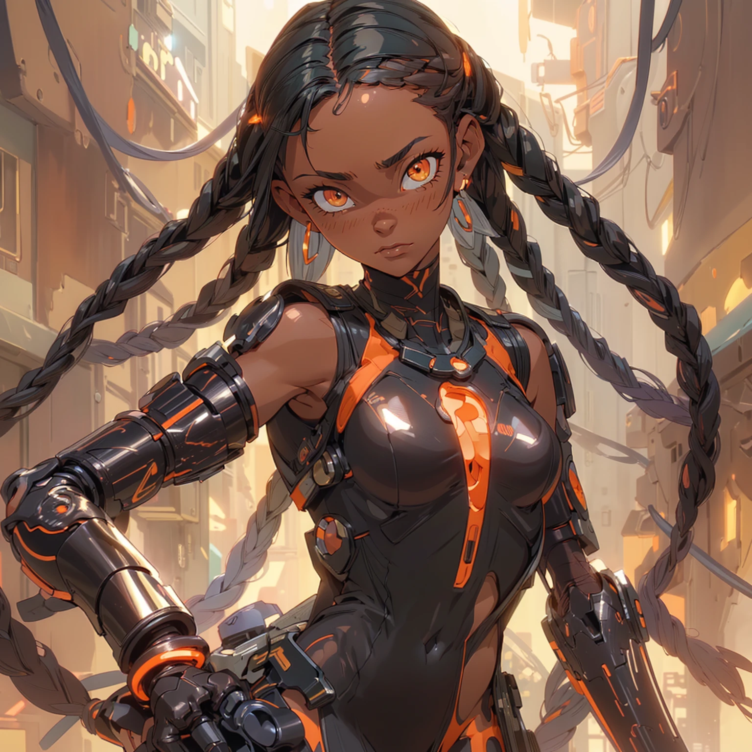 Black woman, sensuous, curvaceous, carnal,cool, powerful, (cyberpunk mecha ninja, mecha holographic dress, an orange bracelet:1.2), braids, long hair, (heterochromia eyes:1.2), big , (chocolate-skinned female, statuesque, voluptuous, braided black hair, soft heart-shaped face, concaved Nubian button nose, powerful. , tone, slender physique, heart hips, an eye-catching beauty, bottom-Heavy: Red green, and orange neon blacklight art, Masterpiece, hyper-aesthetic, hyper-absurd resolution, atmospheric perspective, depth of field, atmospheric shading, atmospheric lighting, ultra-high resolution, cinematic lighting, thick line detailed animation,4k, hyper resolution animation, best quality, expressive eyes, perfect face, perfect eyes, perfect anatomy, perfect physique, perfect hands, dynamic shading, dynamic pose, dynamic perspective, dynamic line of action, Raw sensuality