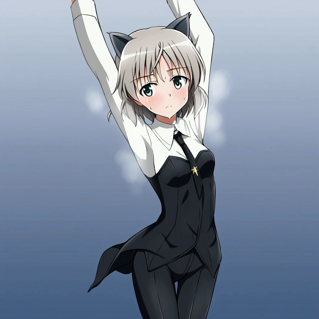 (8k, Best Quality, Anime Style, View your viewers, Intricate details:1.3),(One woman, Strike Witches Sanya, Possessing a firearm:1.2), (Striker unit installed, Sweating, The whole body is visible, In the air:1.2)