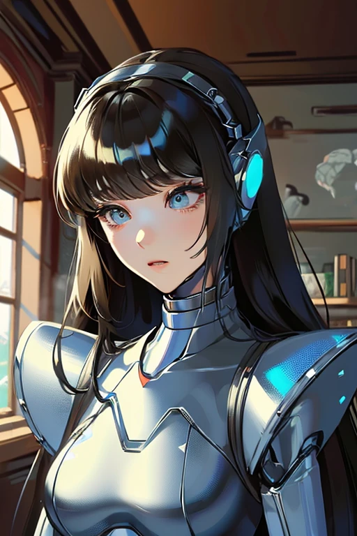 (masterpiece),(Highest quality),(Super detailed),(Best illustrations),(Best Shadow),(Absurd),(Detailed Background),(so beautiful), 16K, 8K, 4K,(Best Shadow),empty eyes,robotization,woman ,big bust,Robot Joint ,Metal skin,Black Suit,long hair,a black suit that covers the whole body,robot hand,cyber bodysuit,mecha head,cyborg eye,Countless cords connected to the whole body,maintenance,robotization, transforming into robot,(Detailed hands and fingers:1.2),Ball joint robot body,doll joint