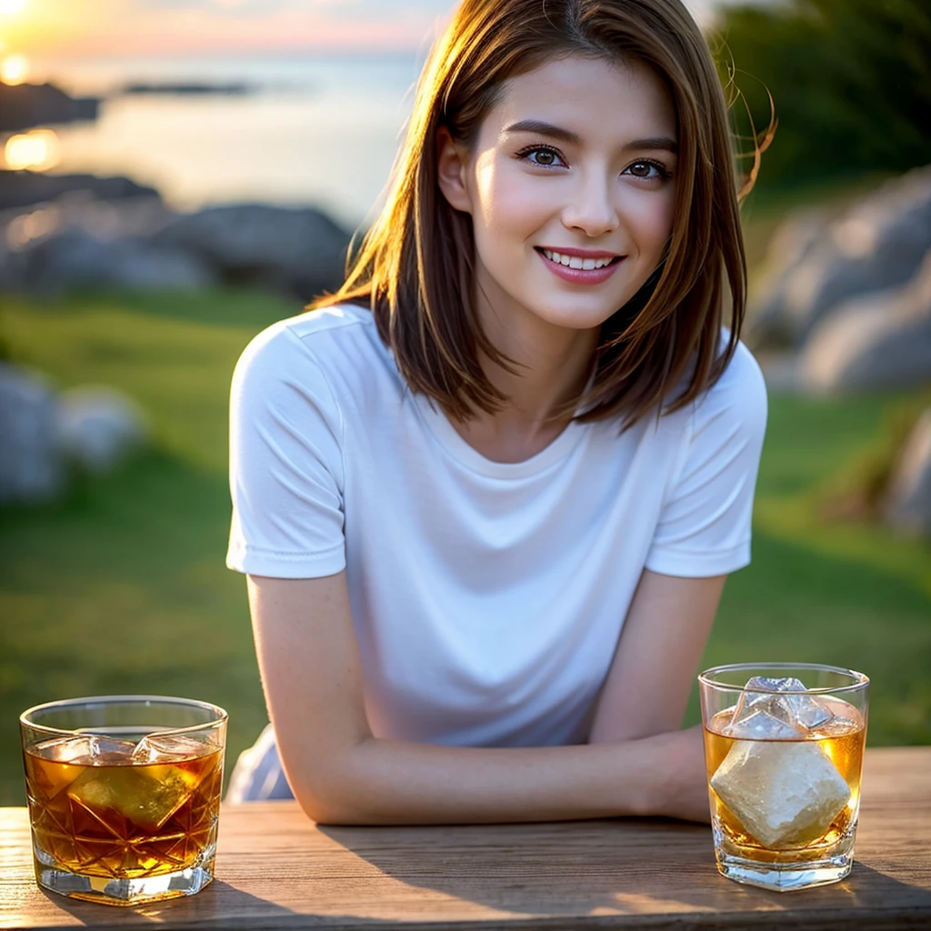 (masutepiece,Best Quality,hight resolution,Realistic,Portrait photos,), (Solo Beauty Idol Girl,with round face),(Light brown and pink striped hair,poneyTail,hair pin,),Happy smiling face、Girl enjoying barbecue on beautiful riverbed,(Roast the meat on a strong fire with a drink in one hand:1.3),Loose T-shirt.mid-riff peak,shortpants,Necklace,Piercing,Beautiful hands,Beautiful fingers,
(Looking at Viewer,),(sun beam, Backlighting,)(Full body shot,),
