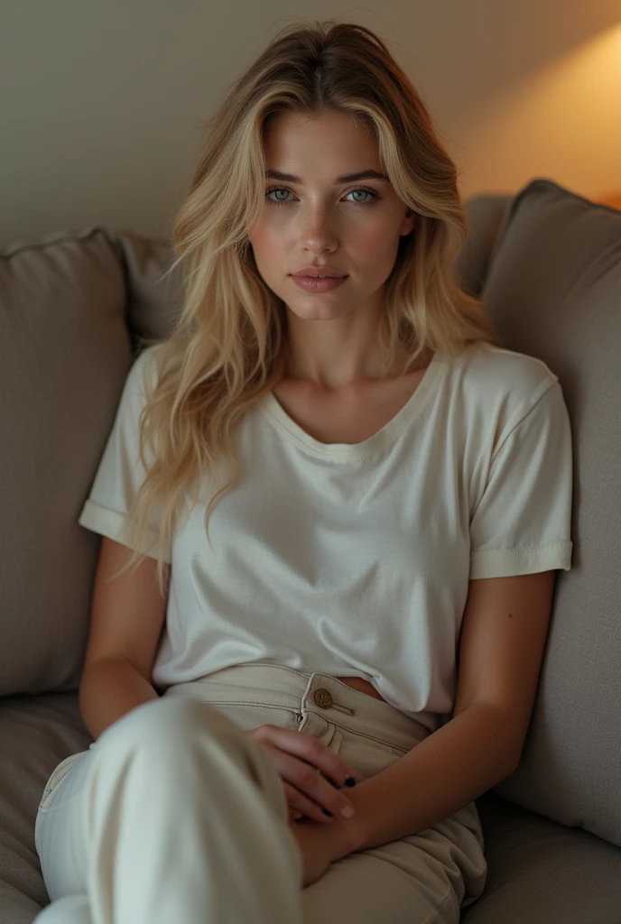 Un superbe portrait d’une jeune beauté scandinave, aux yeux bleus perçants, petits seins et longs cheveux blonds flottants, un long pantalon noir et un t-shirt blanc , assis dans le canapé, la lumière naturelle met en valeur les traits du visage, les ombres douces sur les contours du visage, le contraste vibrant entre les tons chair chauds et les teintes froides de l'arrière-plan, la composition ultra légère, le nombre d'or, L'éclairage dramatique.