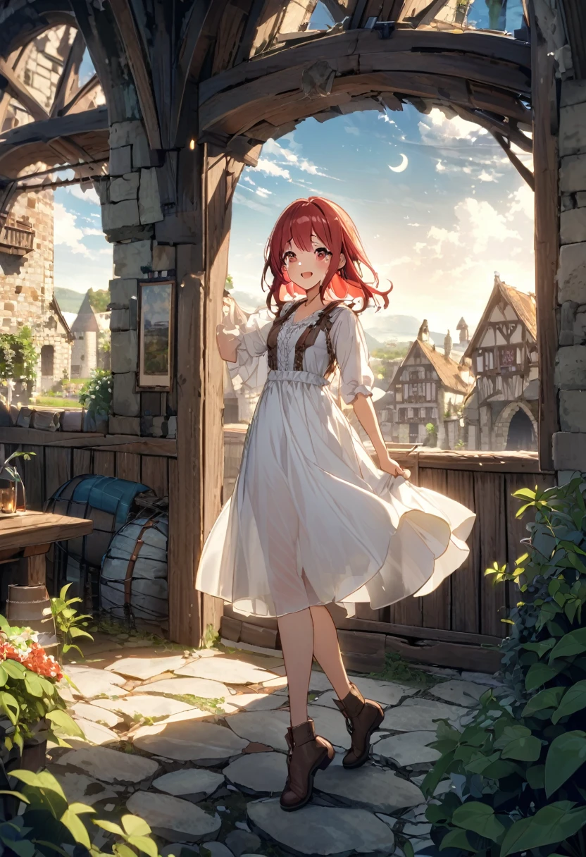 Girl on a crescent moon、Red Hair、Red eyes、Smile、Tears that see through、神秘的なNight view、Kicking the Sea、Stand on tiptoes、One beautiful girl、A row of medieval buildings、Dilapidated building、Country living outfit、White attire、Golden rays、The rolling waves、There&#39;s a girl in the distance、Night view、Golden Yaksha、Dark Landscape、There is no one nearby、Silent streets、In the distance, a girl stands on her tiptoes above the water.。The girl&#39;s eyes are red、Her hair is red、A crescent moon floats in the night sky、