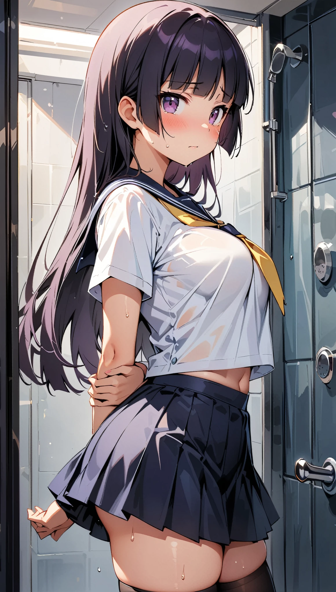 (curvy, medium breasts, tented shirt), (Sticky Sailor uniform, mini skirt), (1girl, gokou ruri, ore no imouto ga konna ni kawaii wake ga nai), beautiful detailed eyes, purple eyes,(cute eyes), black thigh highs, arms behind back, (Carving Waistline), Shower room, (cowboy shot, from left side), Best Quality, Super detailed, masterpiece, Ultra-high resolution, 8k, Embarrassing, blush, Nice, (With tears in my eyes), closed mouth, sweat, (from left side), (from left side)