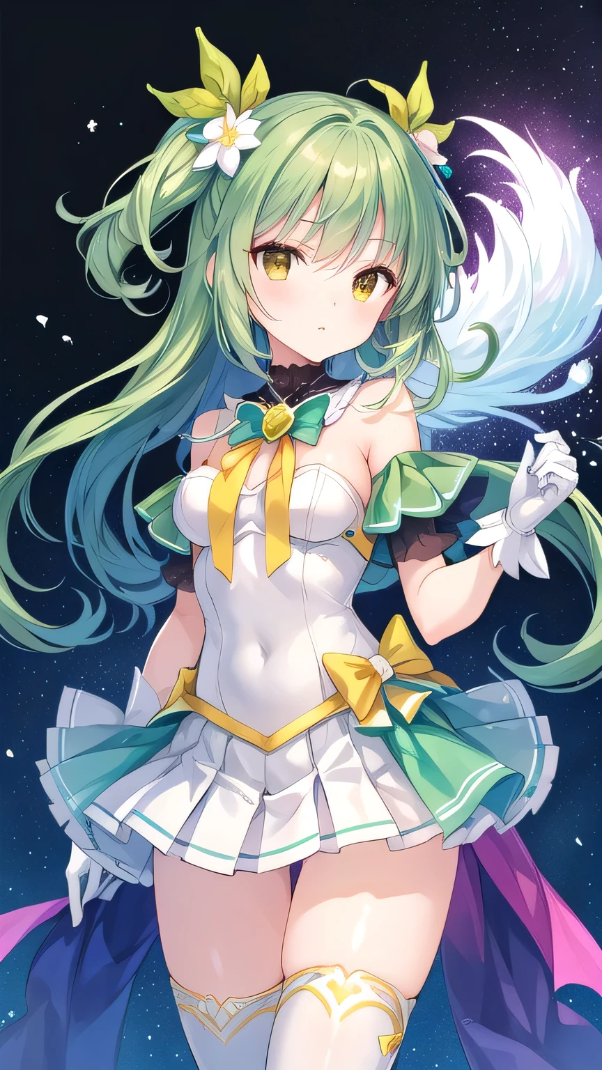 (),((little pholographic fabric,(slender),middle breasts, one side pony hair,green hair , brown Eyes, ((milky green magical girl costume)),(white skindentation leotard),white zettai_ryouiki,(green pleated mini skirt),yellow ribbon on brest,white gloves,hair ornament,ribbon,frill,strict,(masterpiece,Best image quality,Highest quality) ,