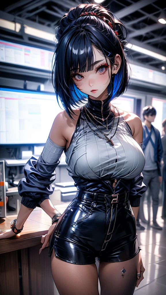 masterpiece, beautiful, 4k, detailed, intricate details, underwear, Thick thighs, wide hips, big breasts, huge breasts, tattoo, tattooed, milf, Gothic, long purple hair, emotional, dark lipstick, blue eyes, collar, dog collar. tattoo袖, tattoo手臂, 满背tattoo, tattooed body, leggings, leggings, shirt, tee shirt, graphic t shirt, split, dragon arm sleeves,(((Thoracic beak))),huge cleavage,huge ,Grooves reveal original skin