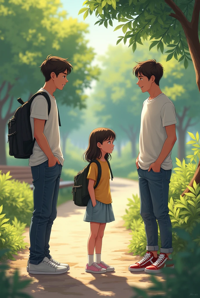 Lily arrived shortly after, her smile radiant as always. She greeted them warmly, but Jack and Alex could barely manage a smile, their initial excitement overshadowed by the awkwardness of the situation. 
At a park two teenager boys  not smiling  and one teenager girl smiling 