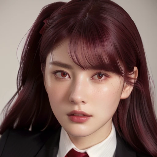 young, Just looking at the viewer(realistic:1.4), (WA2K:1.0), red eyes, shirt, jacket, red tie, (burgundy hair color), Braid, A little angry (one side up:1.2), (hair band), (blush, ashamed), (detailed, ultra-detailed, high detailed, ultra realistic 8k CG, Perfect work of art, high quality), wooden table, flores, interior