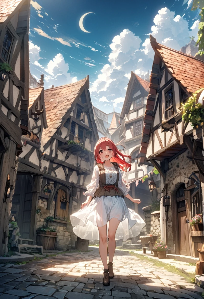 Girl on a crescent moon、Red Hair、Red eyes、Smile、Tears that see through、神秘的なNight view、Kicking the Sea、Stand on tiptoes、One beautiful girl、A row of medieval buildings、Dilapidated building、Country living outfit、White attire、Golden rays、The rolling waves、There&#39;s a girl in the distance、Night view、Golden Yaksha、Dark Landscape、There is no one nearby、Silent streets、In the distance, a girl stands on her tiptoes above the water.。The girl&#39;s eyes are red、Her hair is red、A crescent moon floats in the night sky、