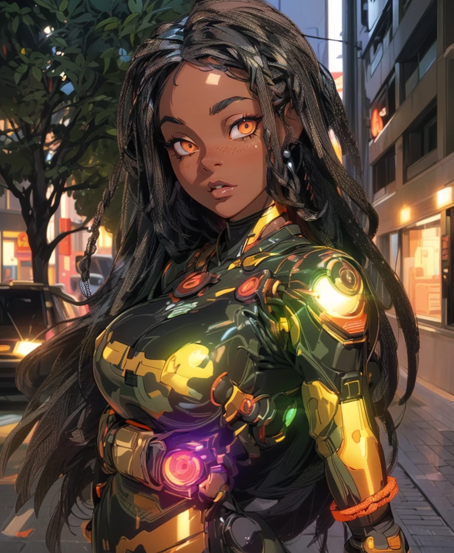 Black woman cool, powerful, (cyberpunk mecha ninja, mecha holographic dress, an orange bracelet:1.2), braids, long hair, (heterochromia eyes:1.2), 2, (chocolate-skinned female, statuesque, voluptuous, braided black hair, soft heart-shaped face, concaved Nubian button nose, powerful. , tone, slender physique, heart hips, an eye-catching beauty, bottom-Heavy: Red green, and orange neon blacklight art, Masterpiece, hyper-aesthetic, hyper-absurd resolution, atmospheric perspective, depth of field, atmospheric shading, atmospheric lighting, ultra-high resolution, cinematic lighting, thick line detailed animation,4k, hyper resolution animation, best quality, expressive eyes, perfect face, perfect eyes, perfect anatomy, perfect physique, perfect hands, dynamic shading, dynamic pose, dynamic perspective, dynamic line of action, Raw sensuality