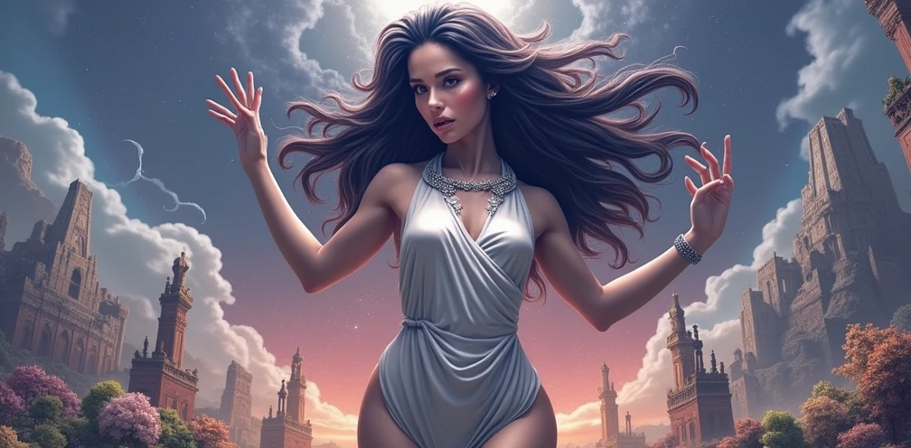 Goddess Athena, beautiful, standing on mount Olympus, completely naked, beautiful, long hair, natural breasts, fit hips, front view, full body, holding flowers, breasts visible, butt visible, graceful, realistic, light effects, by Boris Vallejo, Frank frazetta, Louis royo