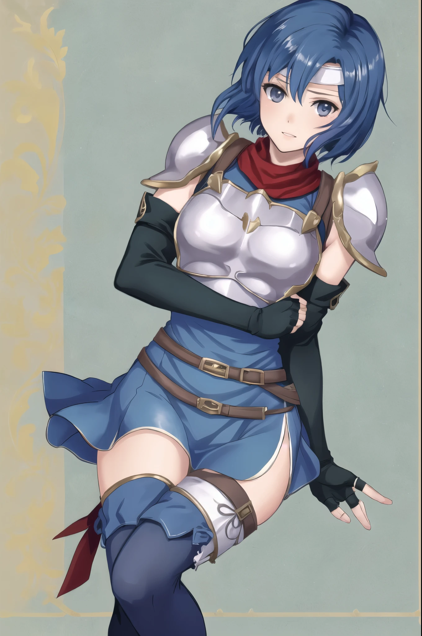 (White background:1.2),Catria_Nanometer, cute, Blue Hair, short hair, blue eyes, cute, Narrow waist, small, Toned Up, Large Breasts, Bare shoulders, Red neckerchief, Blue elbow gloves, Blue fingerless gloves, Pauldrons, belt, breastplate, White headband, Short dress, Dress slit, Blue tight boots, Blue long boots, Pegasus Knight Uniform (Fire emblem), low length,blush,Scared,distress,Open your mouth