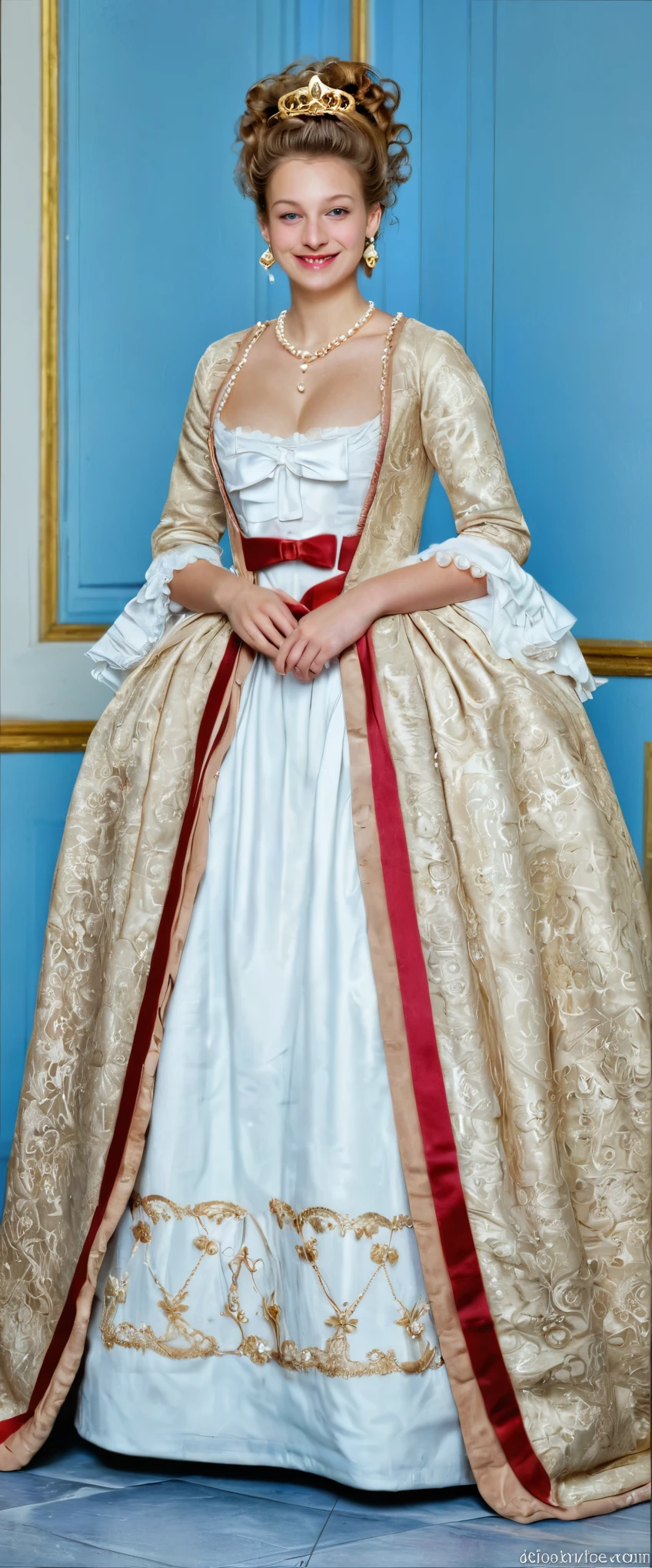 Front view , looking at viewer ,Full-body,  French  girl, Her name is Jeanne-Antoinette Poisson
Madame de Pompadour, 24-age, (Light brown hair, both side curl hair , blue eyes, beautiful lip, smile), (Pearl crescent earrings, Pearl and gold neckless, tiara with Dimond ), (big breasts, wide hip) ,(Rococo 18the century satin pink dress), (satin pink  base dress and skirt,  (A red sash worn diagonally across his chest:1.3)  ,red ribbon, gorgeous shoes, on hall in Palace, in French textured skin , HI detailed skin, ( textured skin , HI detailed skin, (foreshortening, Canon, anatomically correct, super detail, high details, highness)