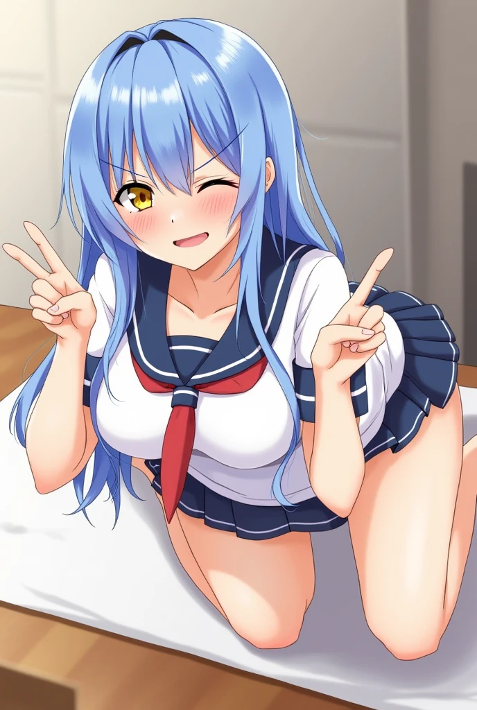 (NSFW:1.2), Uncensored, extremely fine and beautiful, Anime style, Cute Girl, standing split, Standing on one leg, Sex with boys, 1boy, 1girl in, jingle, Long hair, Yellow Ribbon, White shirt, blue necktie, Blue skirt, black kneehighs