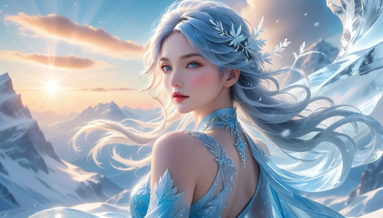 A Masterpiece In 32K Resolution, Supreme Quality, Super Detail, Official Art, Very High-Resolution 32K Wallpaper, Divine And Aesthetic, Ultra-Detailed Features, Awe-Inspiring Detail. A Glistening Mountain Summit With (Falling Snow), (Crystalline Ice Peaks), And Skin With A Frost-Like Sheen (Highlight Her Ample Breasts). A Girl With A Cold, Commanding Expression, Flowing Glacial Blue Hair, Windswept Yet Regal, And Pale Silver Eyes That Shimmer Like Ice. Her Features Are Sharp And Stunningly Elegant, Accentuated By (Crisp, Distant Sunlight). (Superbly Detailed Beauty), With A Sense Of Power And Calm, Set Against The Harsh Beauty Of The Frozen Landscape. The Reflections In The Ice Mirror The Fine Details Of The Scene, Her (Chiselled Face) Exuding Timeless Beauty. This Work Of Art Captures An Ultra-Precise, Detailed Figure That Is Both Powerful And Incredibly Graceful.