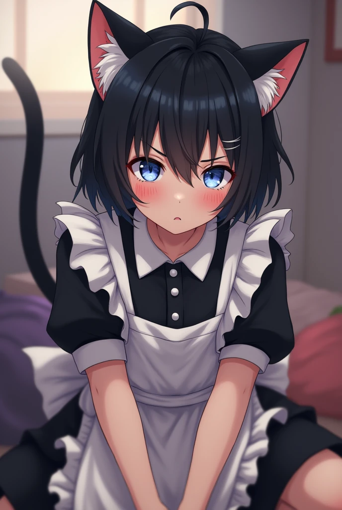 (extremely detailed CG Unity 8k wallpaper, masterpiece, best quality, super detailed), (cute maid with black ears + cute cat tail), (elegant maid outfit + stockings), beautiful face and innocent expression, sexy charming, black and white color scheme, soft lighting, soft blur effect, seductive smile, invitation to touch the head,