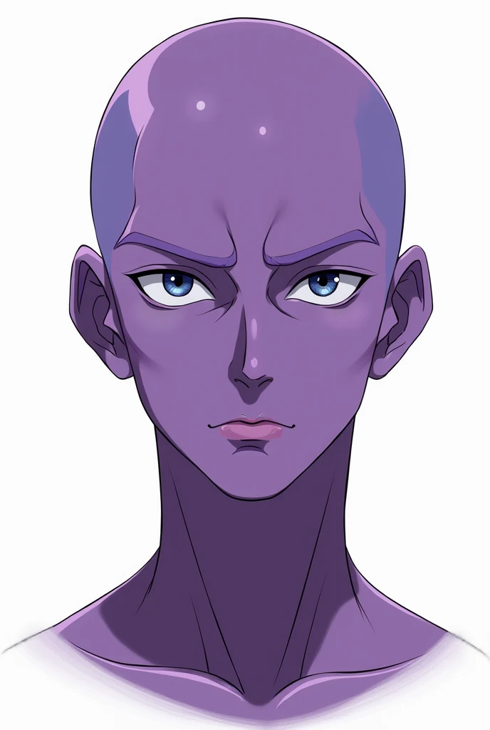 A man with red eyes and no hair on his head. A detailed anime-style portrait of a young character standing with no hair on his head. His face looks clear. He naturally looks straight ahead. It can be seen that he is not wearing any clothes, the plane in the background is one color
