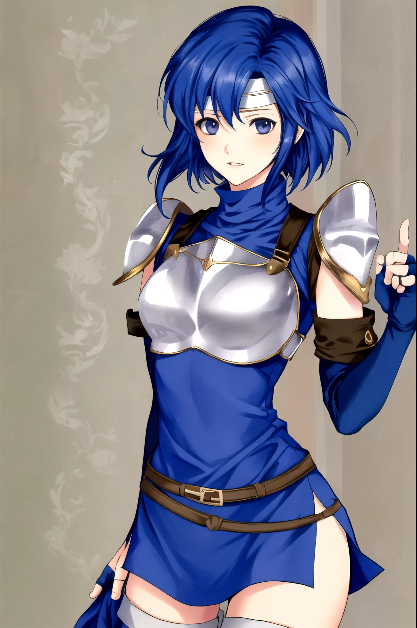 catria_og, 1girl, solo, thighhighs, gloves, elbow gloves, fingerless gloves, armor, headband, breastplate, pegasus knight uniform (fire emblem), cowboy shot, upper body ,zettai_ryouiki,