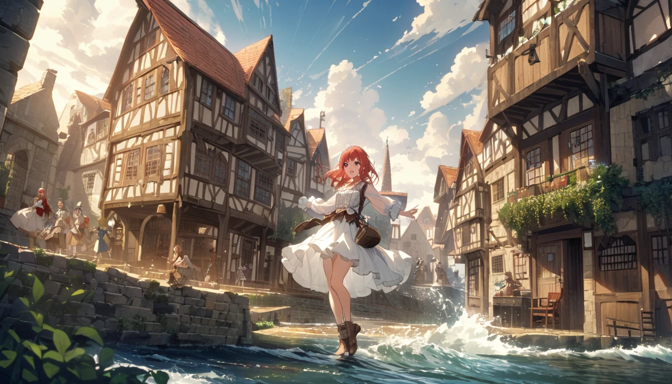 Girl on a crescent moon、Red Hair、Red eyes、Smile、Tears that see through、神秘的なNight view、Kicking the Sea、Stand on tiptoes、One beautiful girl、A row of medieval buildings、Dilapidated building、Country living outfit、White attire、Golden rays、The rolling waves、There&#39;s a girl in the distance、Night view、Golden Yaksha、Dark Landscape、There is no one nearby、Silent streets、In the distance, a girl stands on her tiptoes above the water.。The girl&#39;s eyes are red、Her hair is red、A crescent moon floats in the night sky、