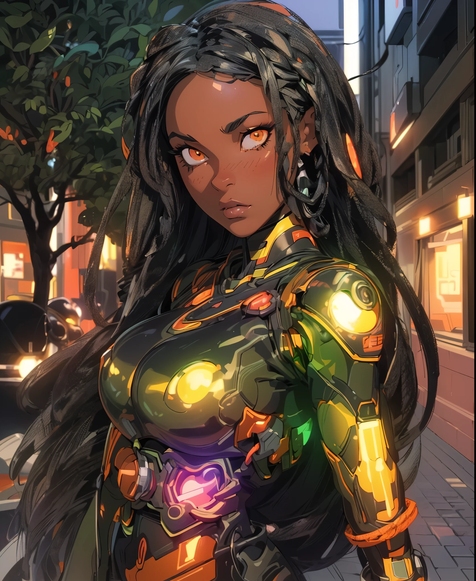 Black woman cool, powerful, (cyberpunk mecha ninja, mecha holographic dress, an orange bracelet:1.2), braids, long hair, (heterochromia eyes:1.2), 2, (chocolate-skinned female, statuesque, voluptuous, braided black hair, soft heart-shaped face, concaved Nubian button nose, powerful. , tone, slender physique, heart hips, an eye-catching beauty, bottom-Heavy: Red green, and orange neon blacklight art, Masterpiece, hyper-aesthetic, hyper-absurd resolution, atmospheric perspective, depth of field, atmospheric shading, atmospheric lighting, ultra-high resolution, cinematic lighting, thick line detailed animation,4k, hyper resolution animation, best quality, expressive eyes, perfect face, perfect eyes, perfect anatomy, perfect physique, perfect hands, dynamic shading, dynamic pose, dynamic perspective, dynamic line of action, Raw sensuality