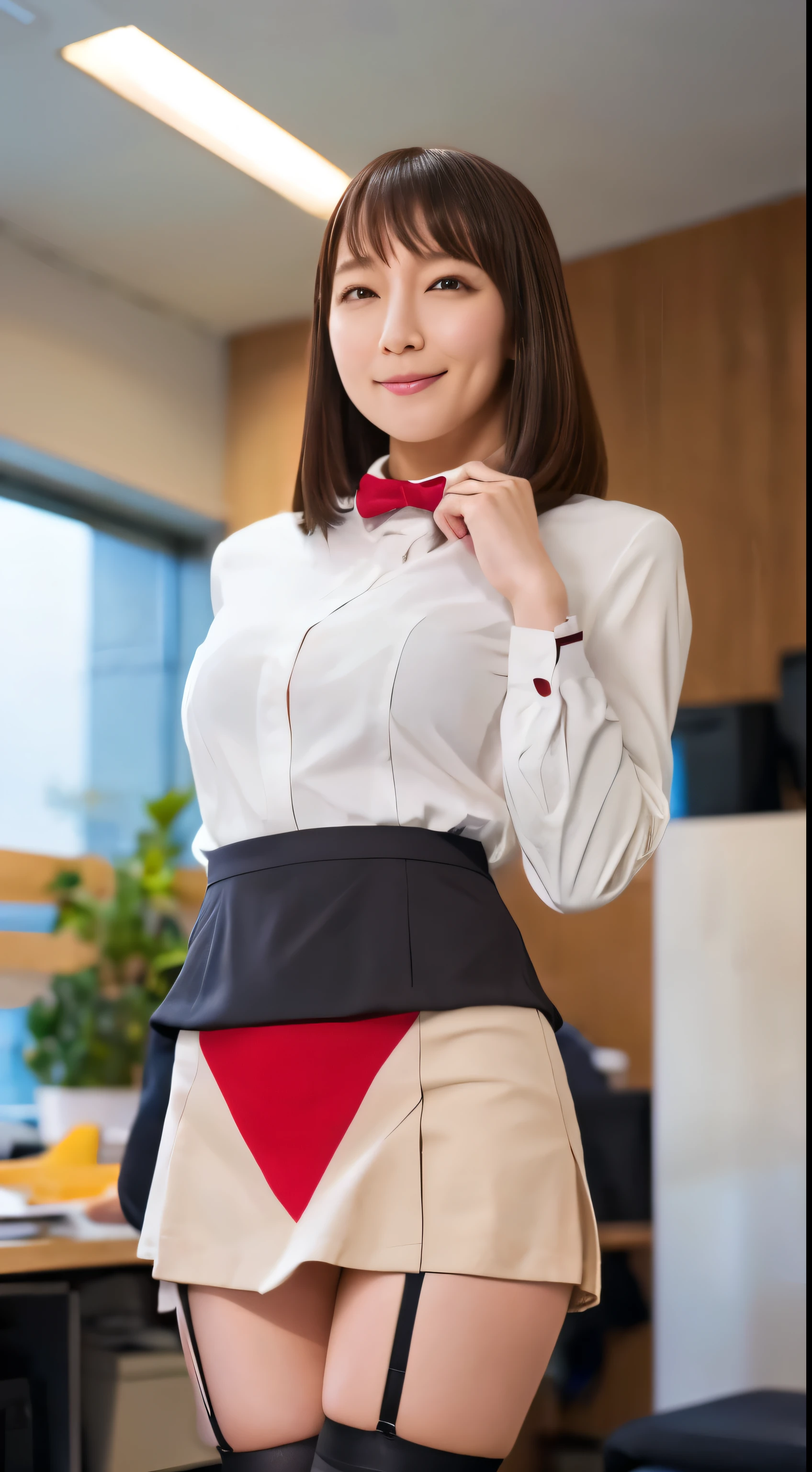 Japanese、1 female,、beauty,Beautiful Face,Realistic、smile、Detailed face、A dignified appearance,Plump Style,Squat、Spread your legs、Thighs, Thighs, Thighs、Large saggy breasts、Front view,Ultra-realistic,Ultra-high resolution,Highest quality,8k,masterpiece，(Shooting in the office:1.2),((suit、mini skirt、garter belt、wear black tights))、