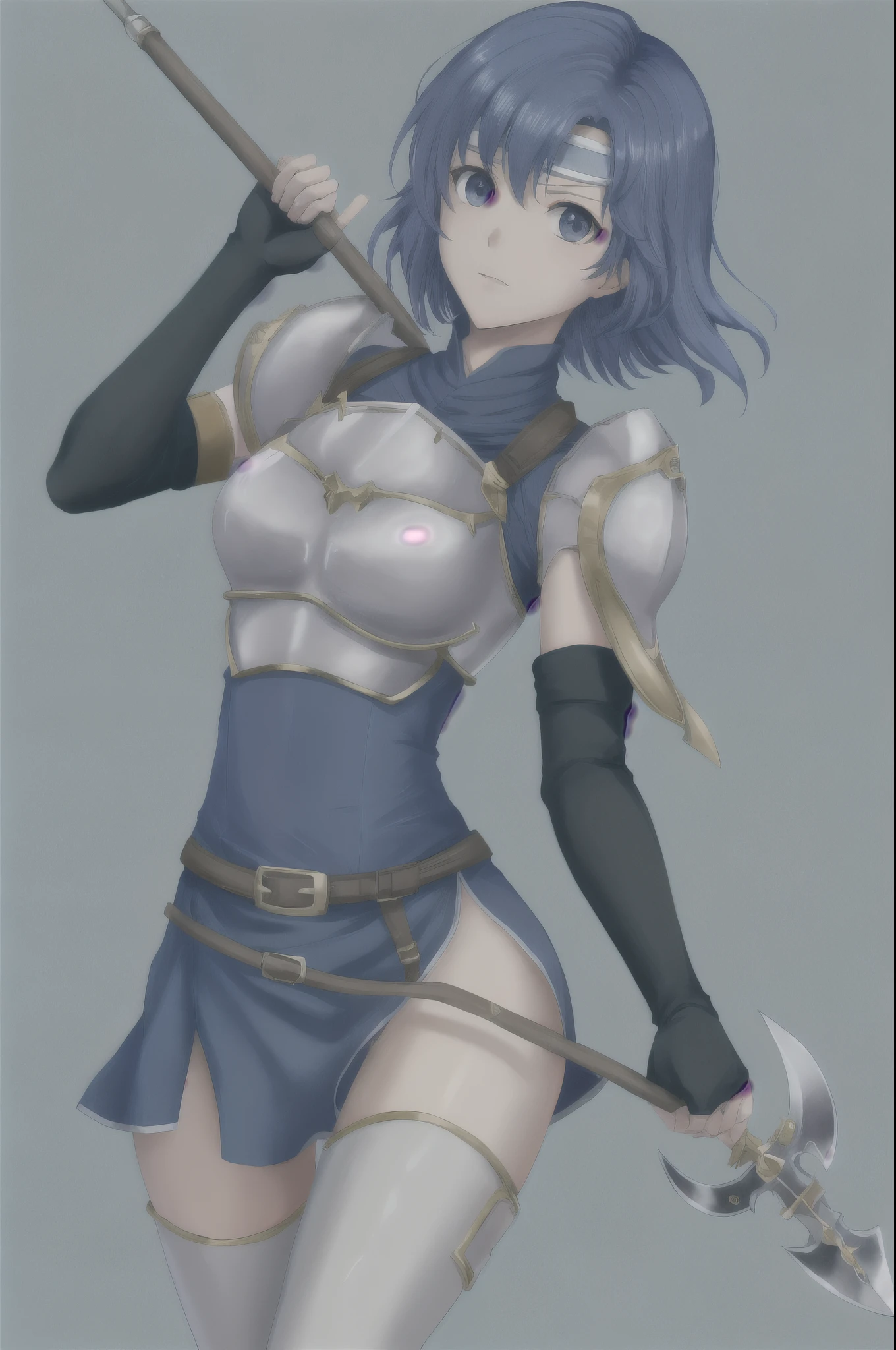 catria_og, 1girl, solo, thighhighs, gloves, elbow gloves, fingerless gloves, armor, headband, breastplate, pegasus knight uniform (fire emblem), cowboy shot, upper body ,zettai_ryouiki, holding spear, spear, holding, holding weapon, holding polearm