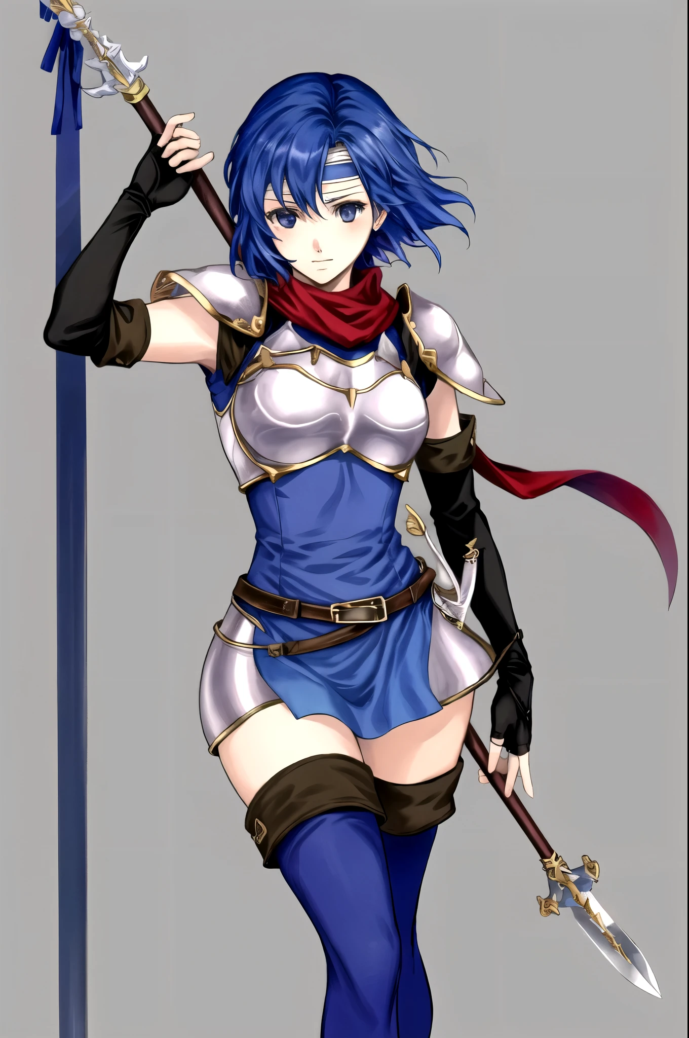 catria_og, 1girl, solo, thighhighs, gloves, elbow gloves, fingerless gloves, armor, headband, breastplate, pegasus knight uniform (fire emblem), holding spear, spear, holding, holding weapon, holding polearm