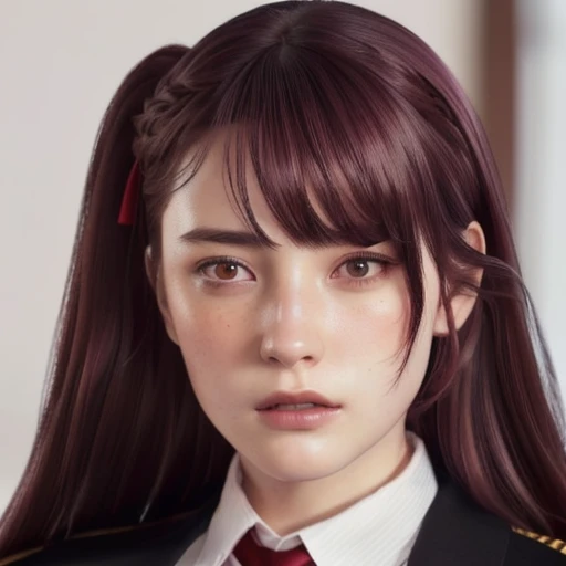 young, Just looking at the viewer(realistic:1.4), (WA2K:1.0), red eyes, shirt, jacket, red tie, (burgundy hair color), Braid, A little angry (one side up:1.2), (hair band), (blush, ashamed), (detailed, ultra-detailed, high detailed, ultra realistic 8k CG, Perfect work of art, high quality), wooden table, flores, interior