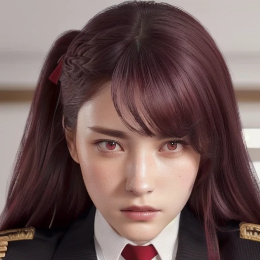 young, Just looking at the viewer(realistic:1.4), (WA2K:1.0), red eyes, shirt, jacket, red tie, (burgundy hair color), Braid, A little angry (one side up:1.2), (hair band), (blush, ashamed), (detailed, ultra-detailed, high detailed, ultra realistic 8k CG, Perfect work of art, high quality), wooden table, flores, interior