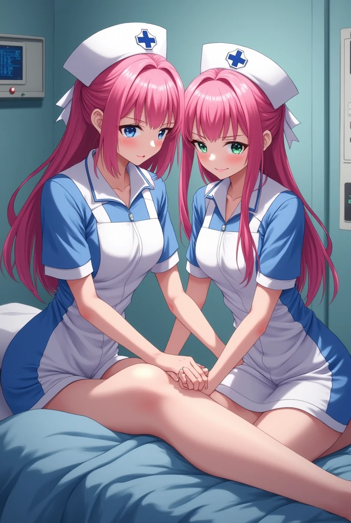 mia tendou, pink hair, blunt bangs, ponytail, pink eyes, nurse, nurse cap, short sleeves, white latex gloves, hospital private room