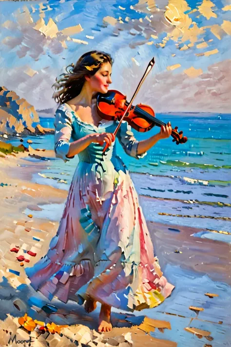 impressionist-style paintings, a woman standing on the beach at dusk playing a violin, a dress fluttering in the wind, vivid col...