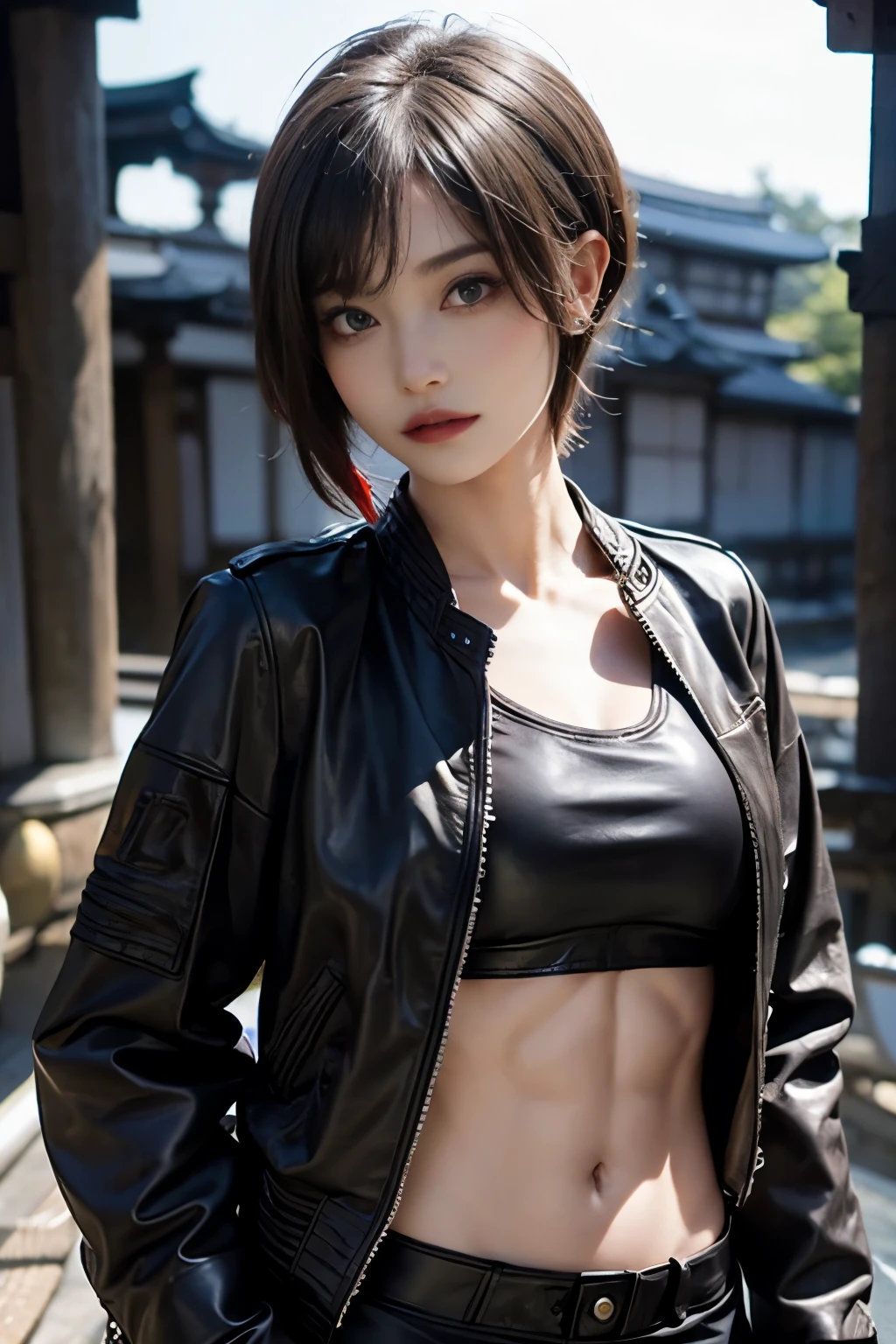 (masterpiece, Highest quality,raw photo,higher, beautifully,8k,beautiful:1.2),super realistic:1.5,((Seductive pose)),Emphasize the cleavage,medium chest,((wealing Leather jacket over brallet :1.6)),put on leather long pants,((Well defined abdominal muscles))!!, BREAK (Athletic Build:1.6),Attractive body, Perfect body, A seductive body with a sexy belly, Sexy Body, (With abs:1.5), Attractive face and body, Sexy Body and face, sexy hot body, Perfect body and face, beautiful body and face, Great body, Fitness Model,BREAK ((lime green short hair)),Right hand behind the head,((Kyoto:1.6)),